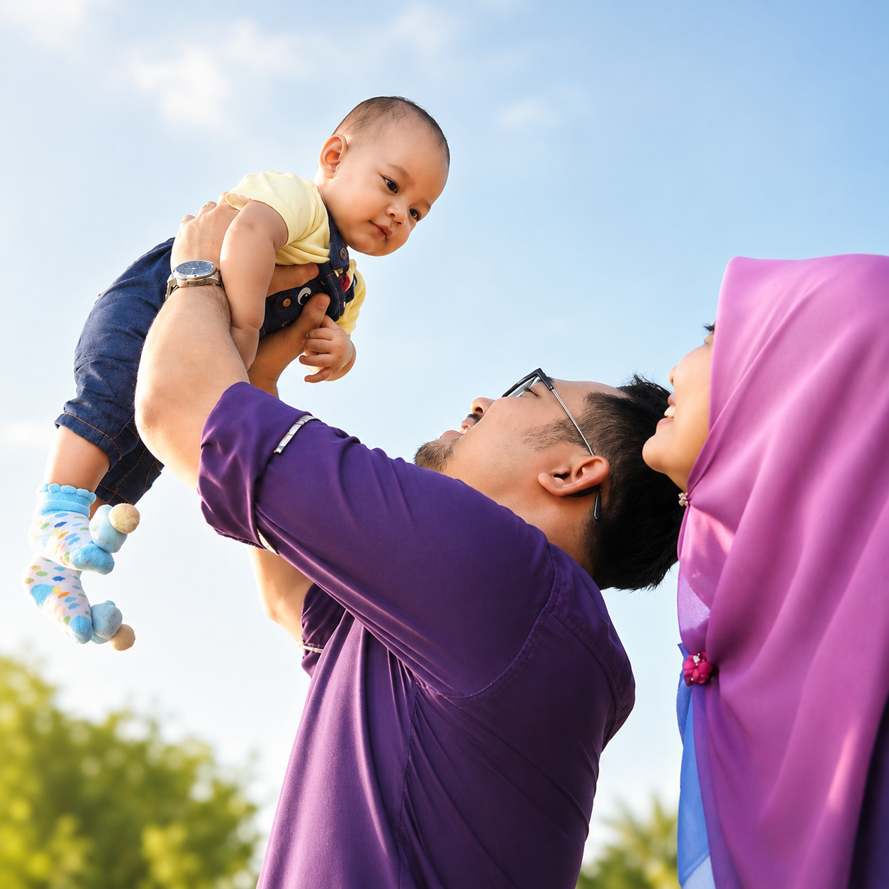 Ibu dan bapa bersama bayi dalam potret keluarga