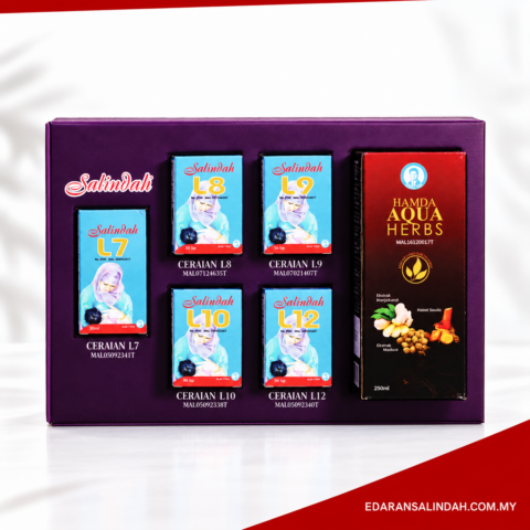 Set Bersalin Salindah mengandungi ceraian L7, L8, L9, L10, L12 dan Hamda Aqua Herbs dalam kotak ungu