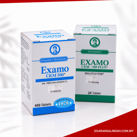 Examo Pek Kembar terdiri daripada kotak CKM 500 450 tablet dan CKM 500 Plus 28 tablet